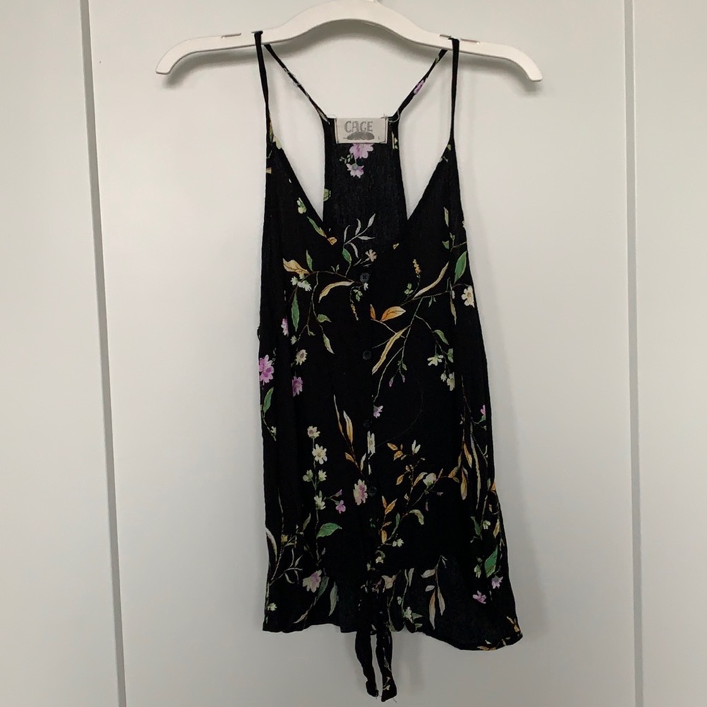 Flowery black button down tank top.